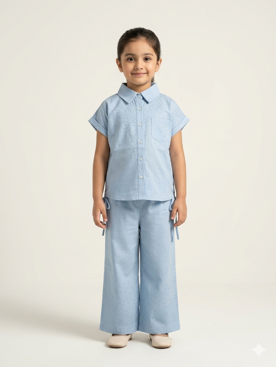 Girls' Two-Piece Embroidered Cotton Co-Ord Set in Sky Blue and Deep Navy Blue Options