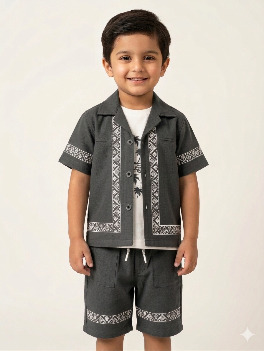 Boys' Two-Piece Embroidered Cuban Collar Shirt and Shorts Set in Navy and Charcoal