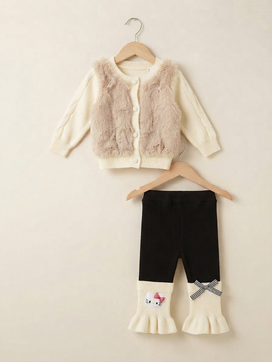 Cozy Girls Pearl Collar Fuzzy Cardigan and Ruffled Bow Pants Winter Outfit Set