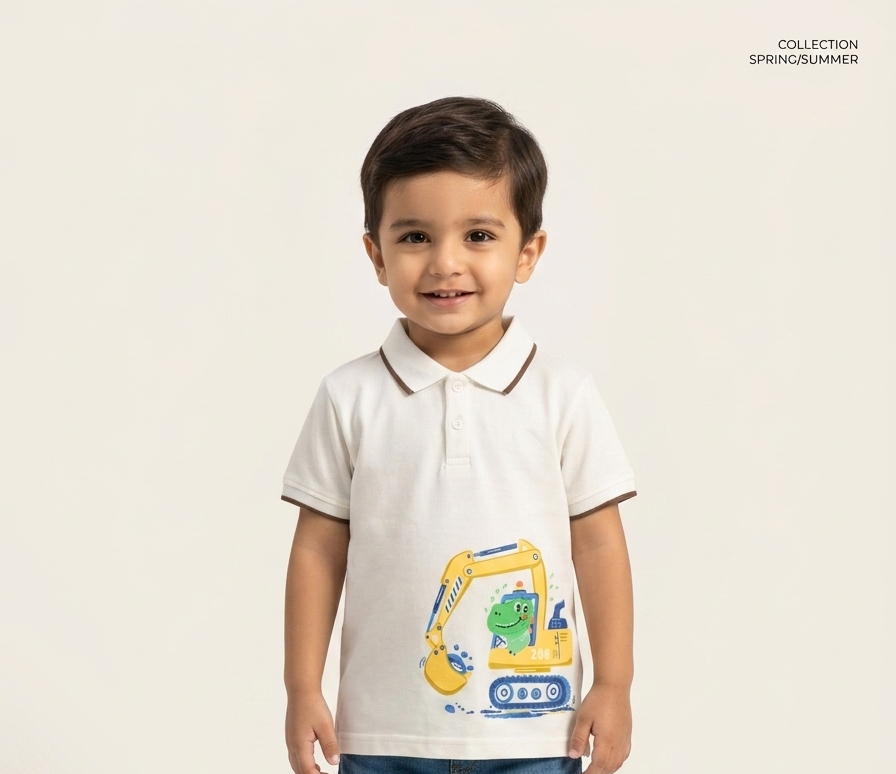 Boys Fun Dinosaur Excavator Graphic Polo Shirt - Soft Cotton Spring Summer Collection