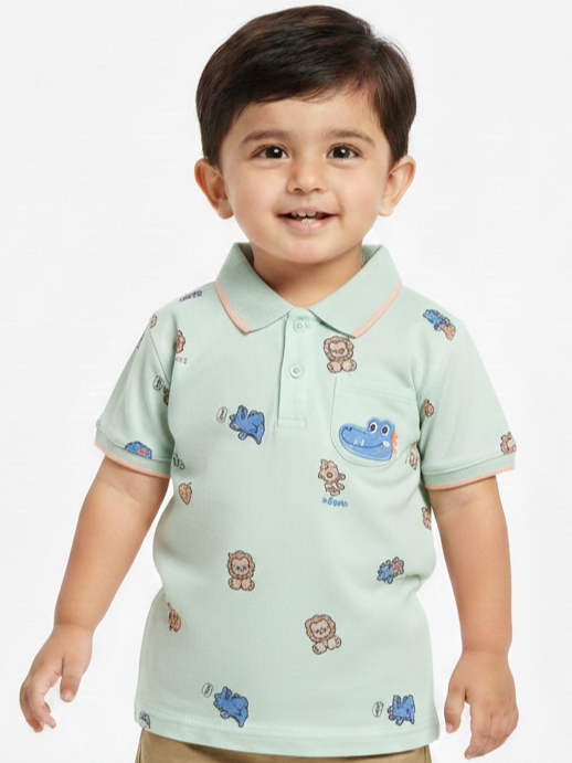 Adorable Toddler Boys' Animal Print Cotton Polo Shirt in Four Vibrant Summer Pastel Colors