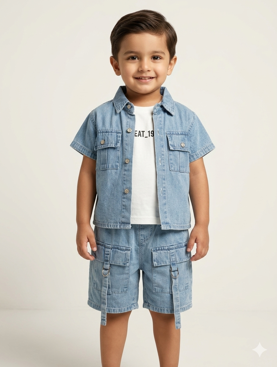 Premium Boys Three Piece Light Wash Denim Outfit Set With White Graphic Tee And Shorts