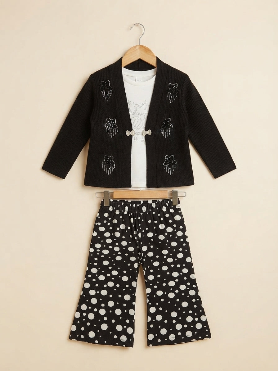 Stylish 3-Piece Girls Winter Outfit Featuring Black Cardigan, White Inner Top, and Polka Dot Trousers