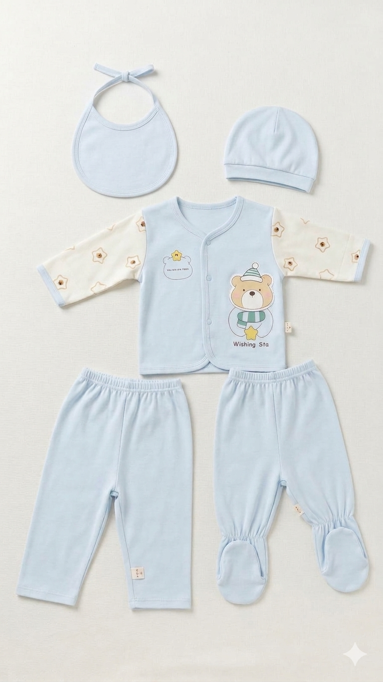 Cozy Bear Baby Clothing Set (Includes Bib, Cap, Top, And Two Pants)