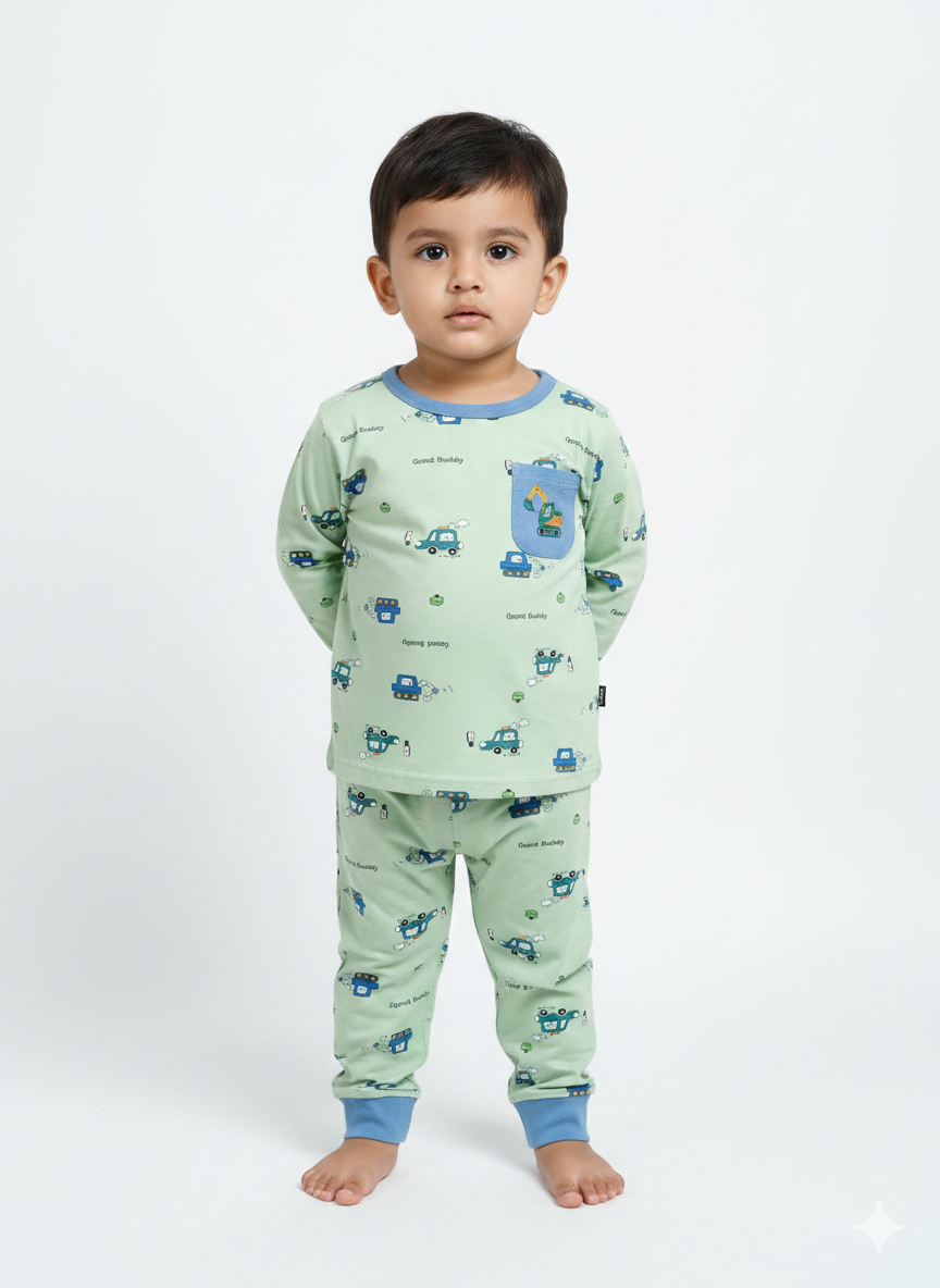 China Imported Kids Night Suit – Mint Green Crane Print | Soft Cotton Nightwear