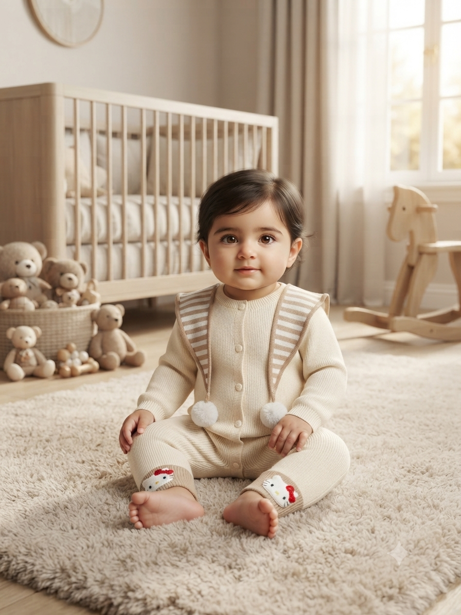 Chic Striped Collar Knitted Baby Romper With Pom Pom And Cute Cartoon Booties