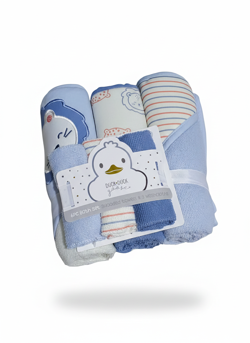 Duck Duck Goose Baby Boy 6-Piece Bath Set | 3 Hooded Towels 3 Washcloths | Lion Zoo