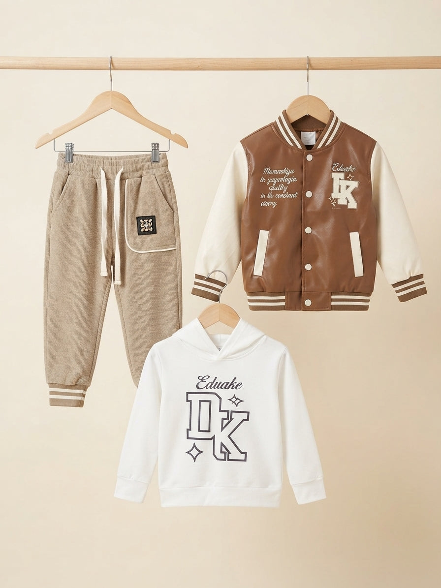 Kids Varsity Leather Jacket Graphic Sweatshirt And Trouser 3 Piece Outfit Set