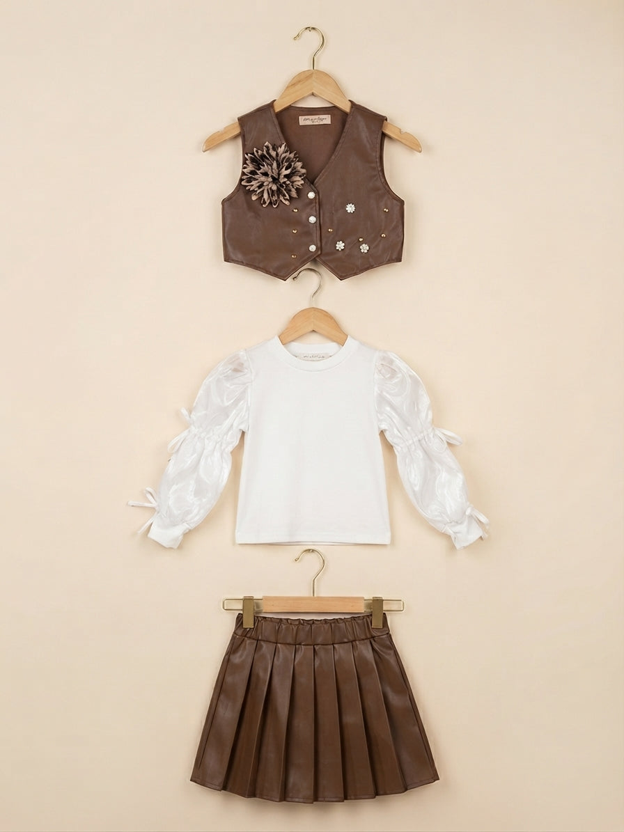 Girls Kids New 3-Piece Sequin Flower Vest Puff Sleeve Top Pleated Skirt Outfit Set