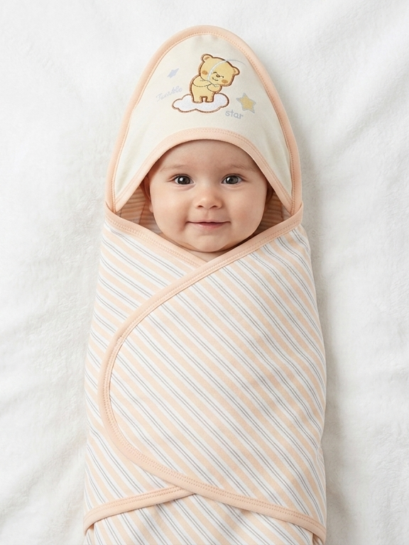 Cute Striped Cotton Hooded Baby Swaddle Blanket With Twinkle Star Teddy Bear Design