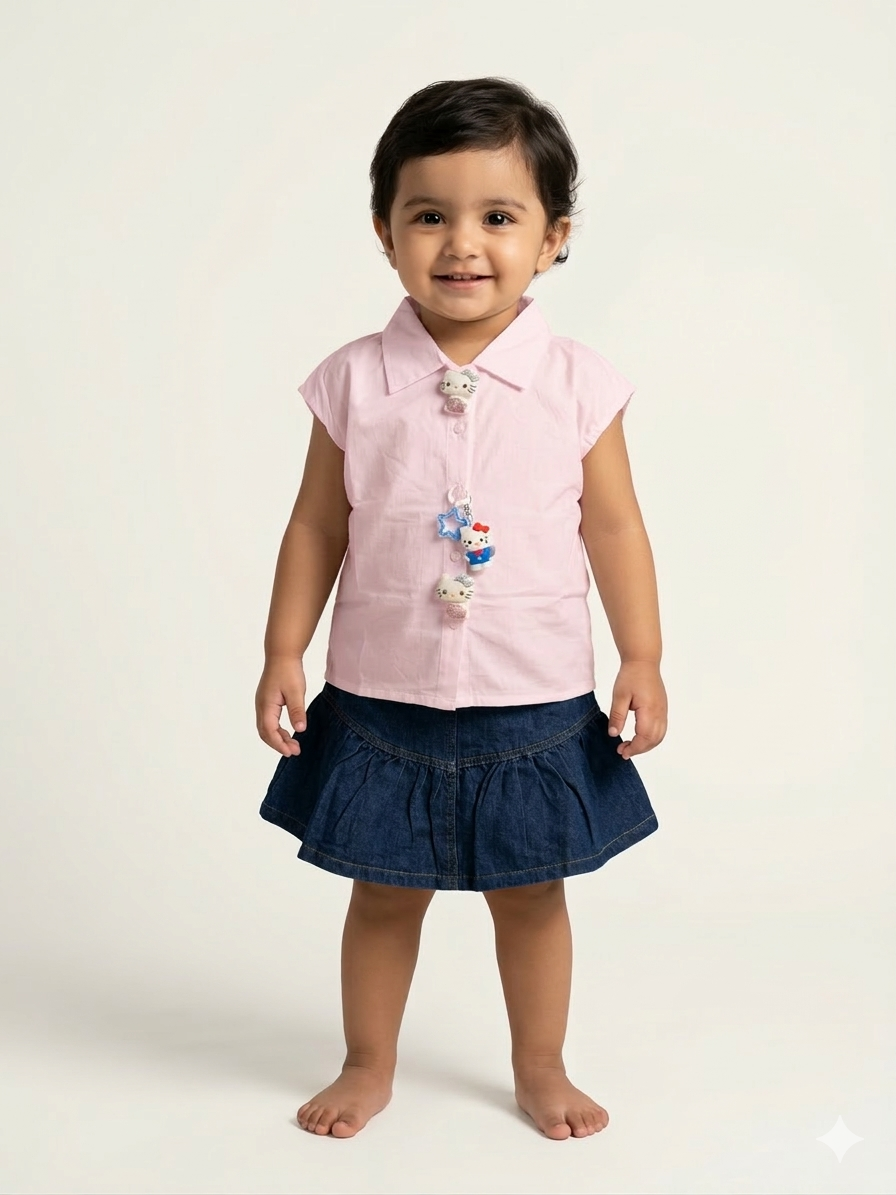 Adorable Toddler Girls Button Up Shirt And Denim Skirt Set With Character Charm Details