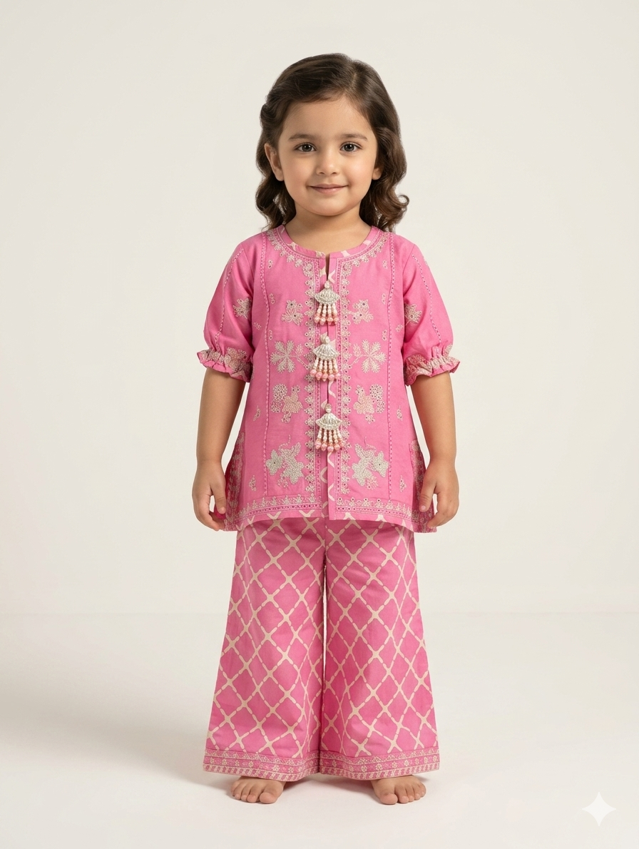 Exquisite Hand-Embroidered Ethnic Tunic and Palazzo Set for Toddlers in Vibrant Lime and Pink