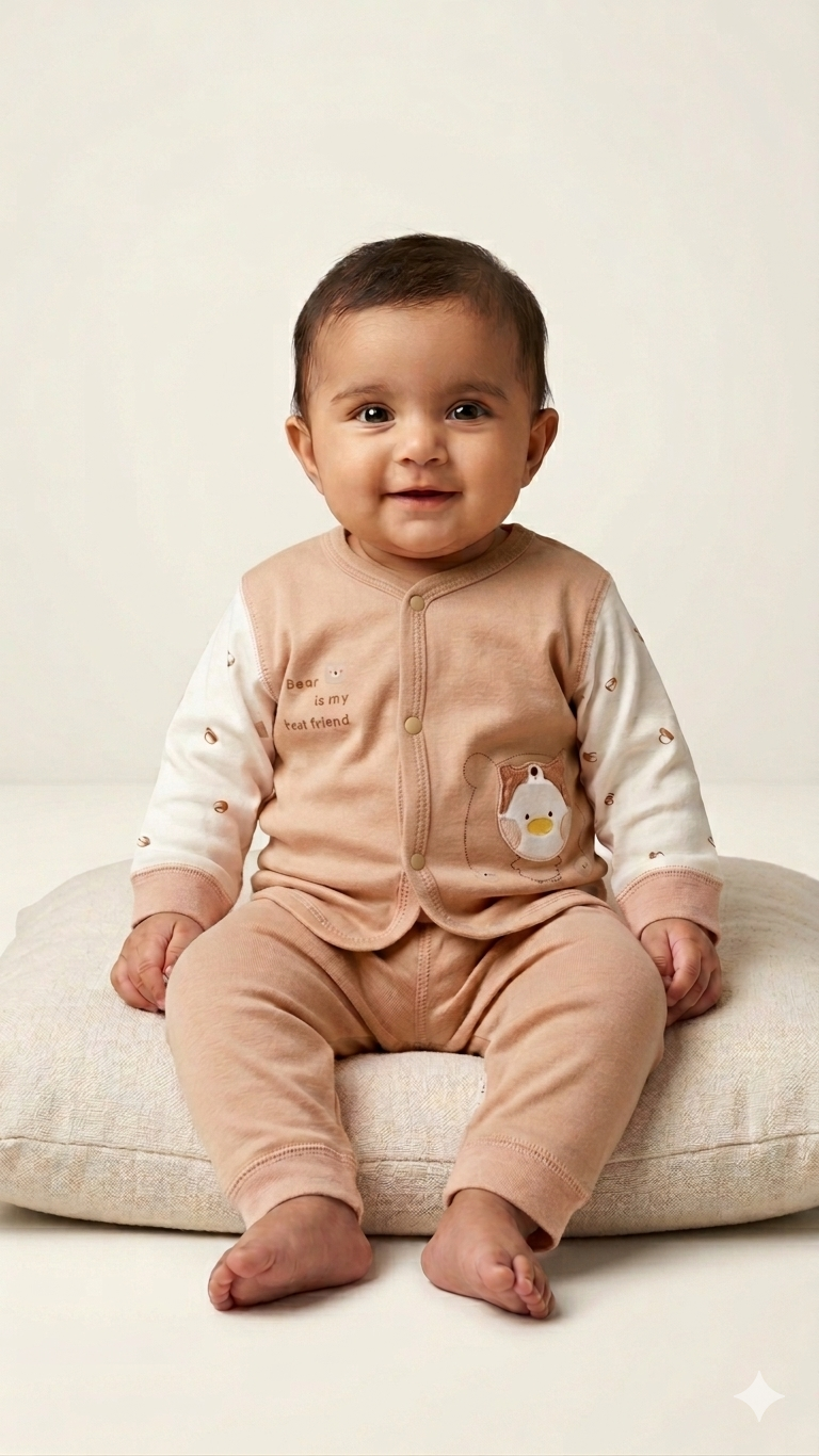 Soft Organic Cotton Baby Lounge Set Comfortable Long Sleeve Pajamas Featuring Cute Bear Design Outfit