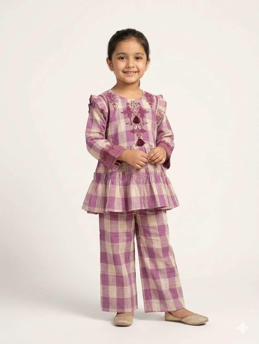 Girls' Purple Gingham Peplum Tunic and Wide Leg Trouser Set with Intricate Front Embroidery