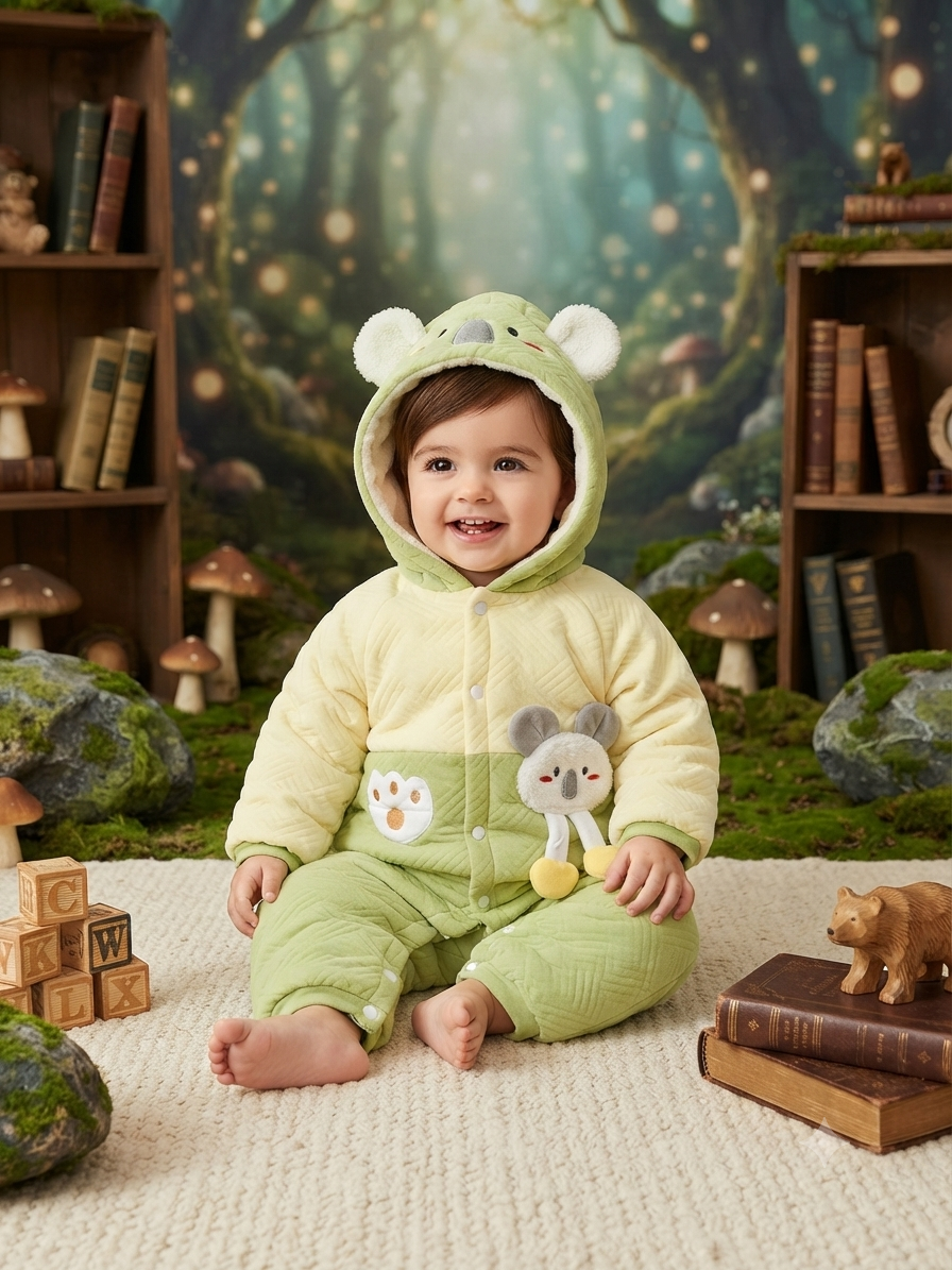 Cute Yellow Koala Hooded Baby Romper Warm Fleece Winter Jumpsuit For Toddler Boys And Girls