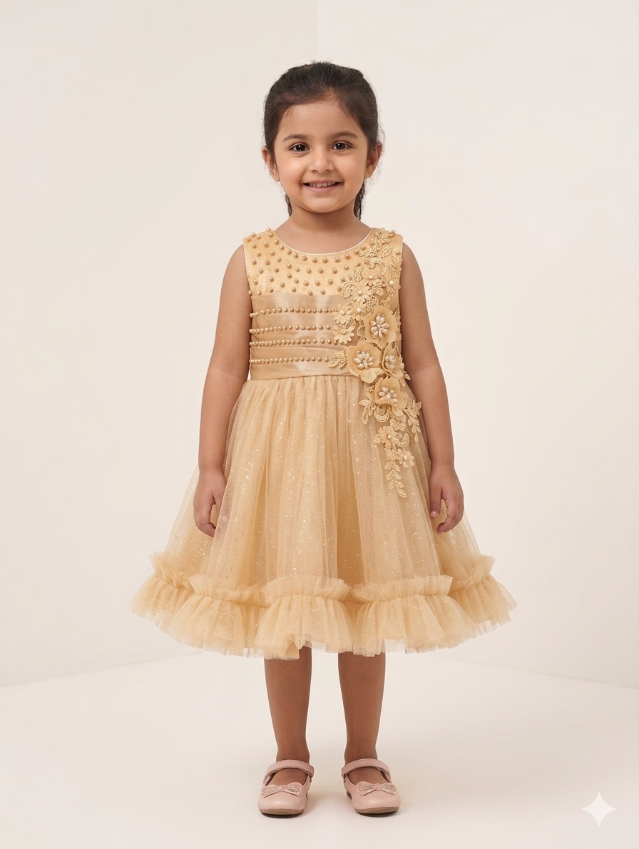 Girls Sparkly Tulle Party Dress With Pearl Accents – Ideal For Birthdays And Formal Events