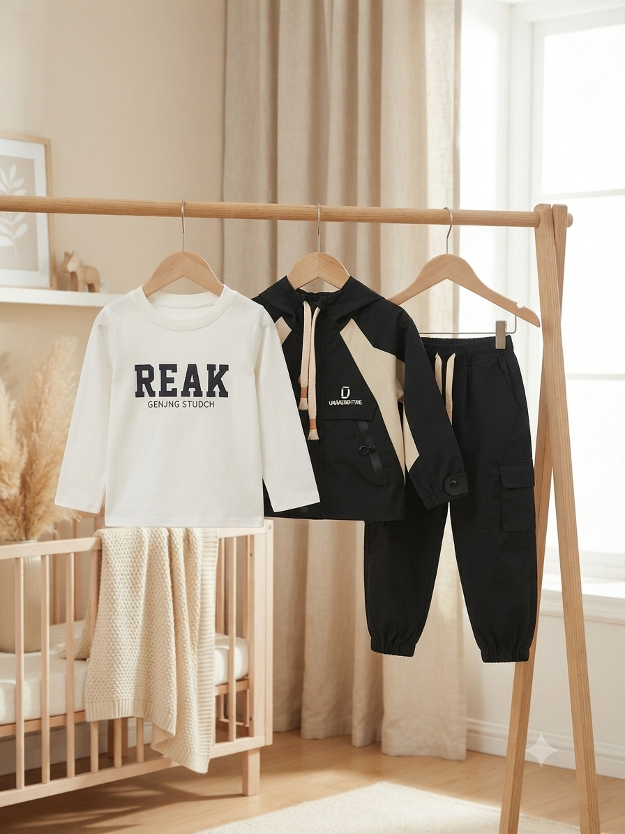 Stylish Kids Three Piece Winter Outfit Featuring Printed Shirt Jacket And Cargo Trousers