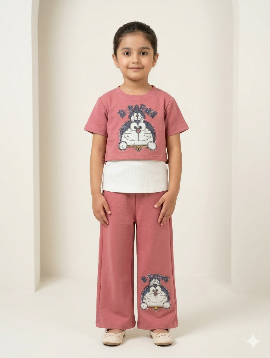 Doraemon Printed Three-Piece Co-ord Set with Cropped Top and Wide Leg Trousers for Girls