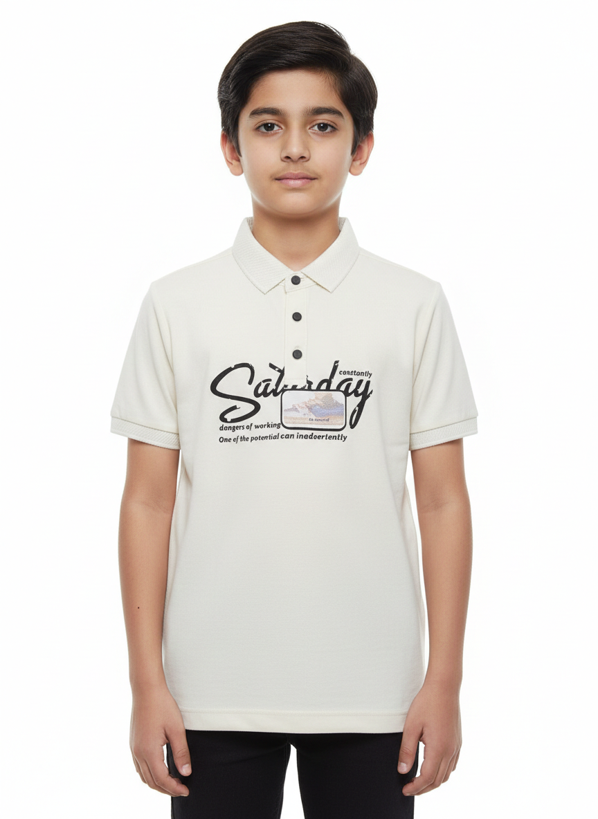 Classic Boys "Saturday" Graphic Polo Shirt Available In Multiple Colors For Versatile Weekend Styling