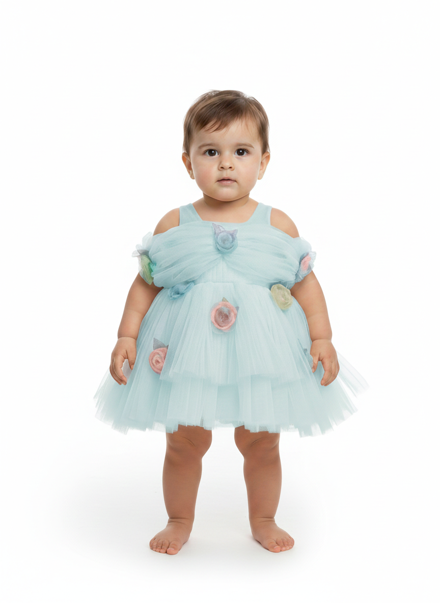 Baby Girls' Floral Tulle Party Dress - Elegant Layered Princess Frock for Special Occasions