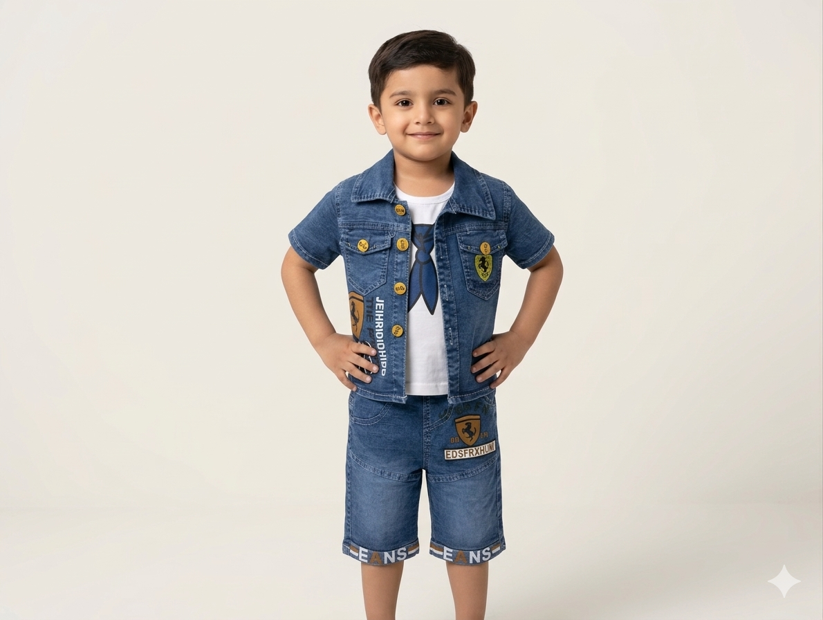Boys' Two-Piece Denim Shorts and Short-Sleeve Jacket Set with Racing Inspired Patch Details