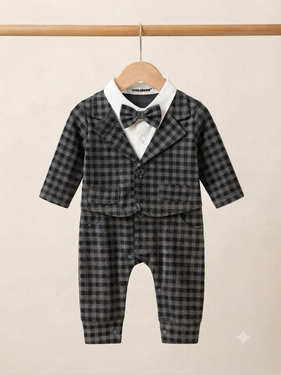 Elegant Gentleman Baby Boy Romper with Attached Waistcoat, White Shirt, and Cute Bowtie