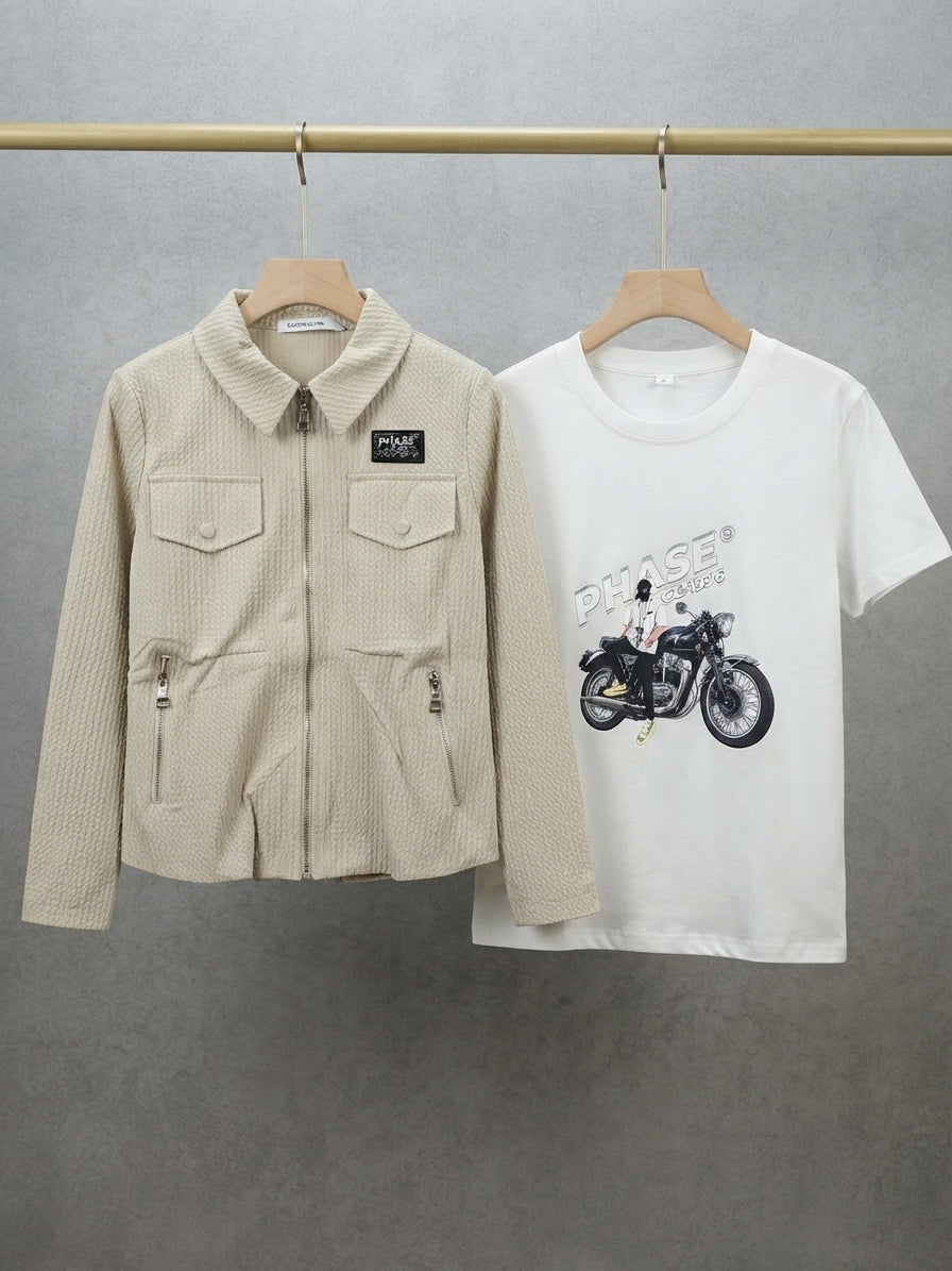 Boys Stylish Textured Grey Zip Jacket And Matching White Graphic T-Shirt Outfit Set