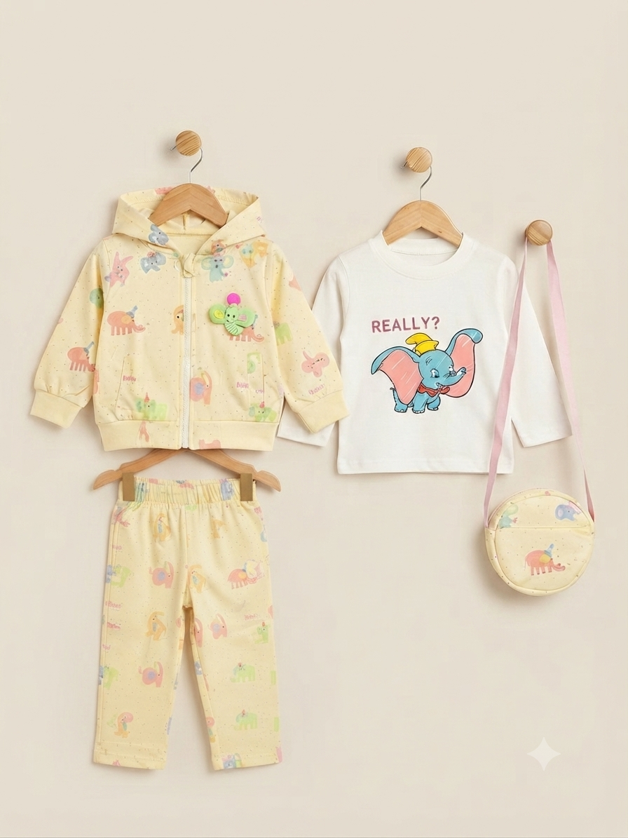 Cute Girls Cartoon Elephant Print Hoodie T-Shirt Full Trouser With Matching Bag Set