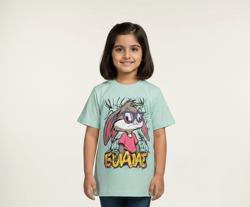 Girls' Fun Graphic T-Shirt with Cartoon Bunny Print in Mint, Cream, and Pastel Pink