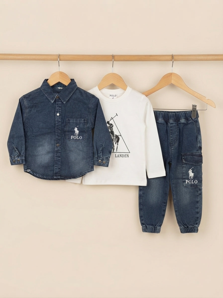 Stylish Three Piece Denim Shirt White T Shirt And Joggers Outfit For Boys