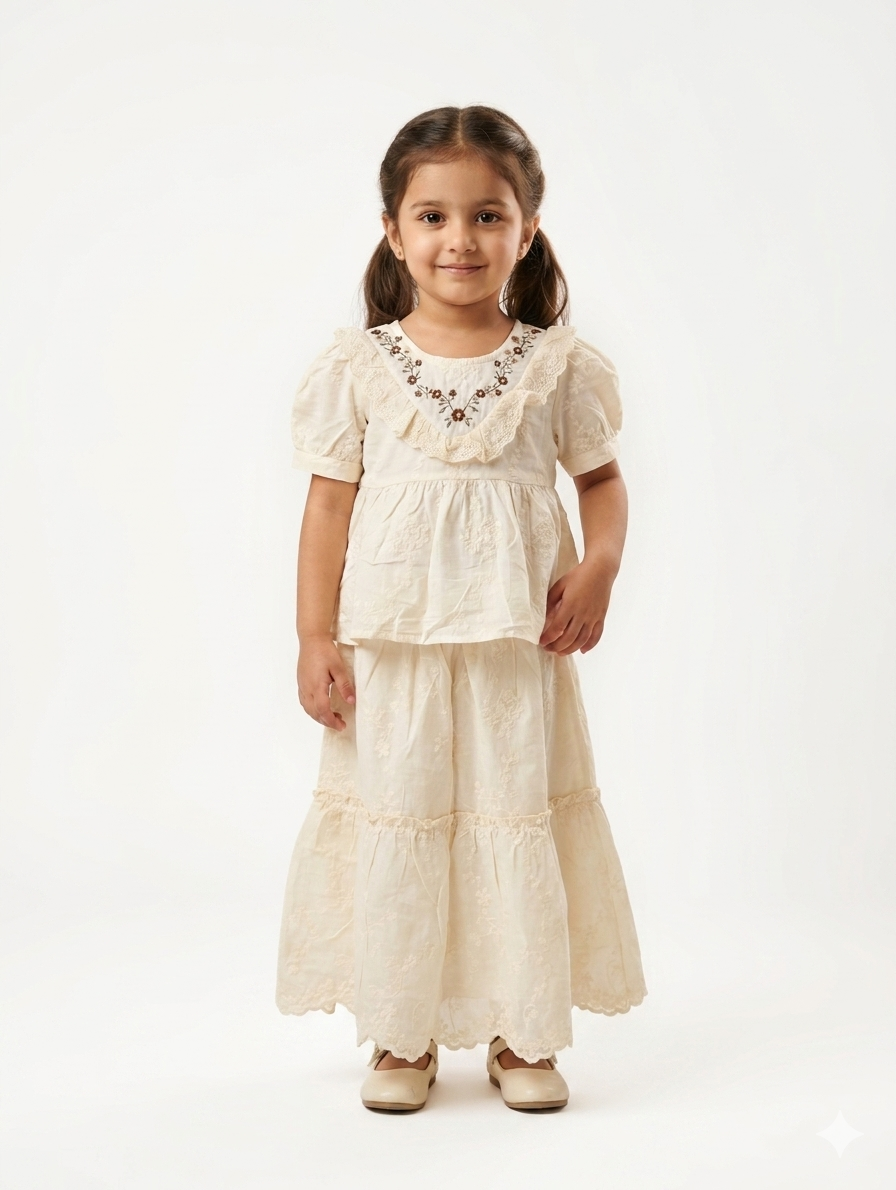 Girls' Elegant Embroidered Cotton Eyelet Peplum Top and Tiered Maxi Skirt Two-Piece Clothing Set