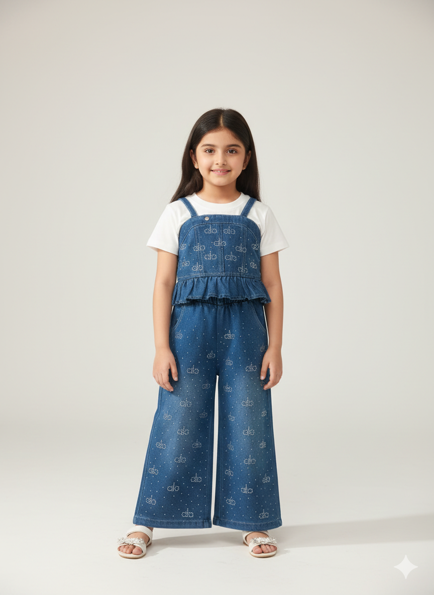Girls' Embellished Denim Jumpsuit Set with White Inner Tee and Wide-Leg Ruffled Design