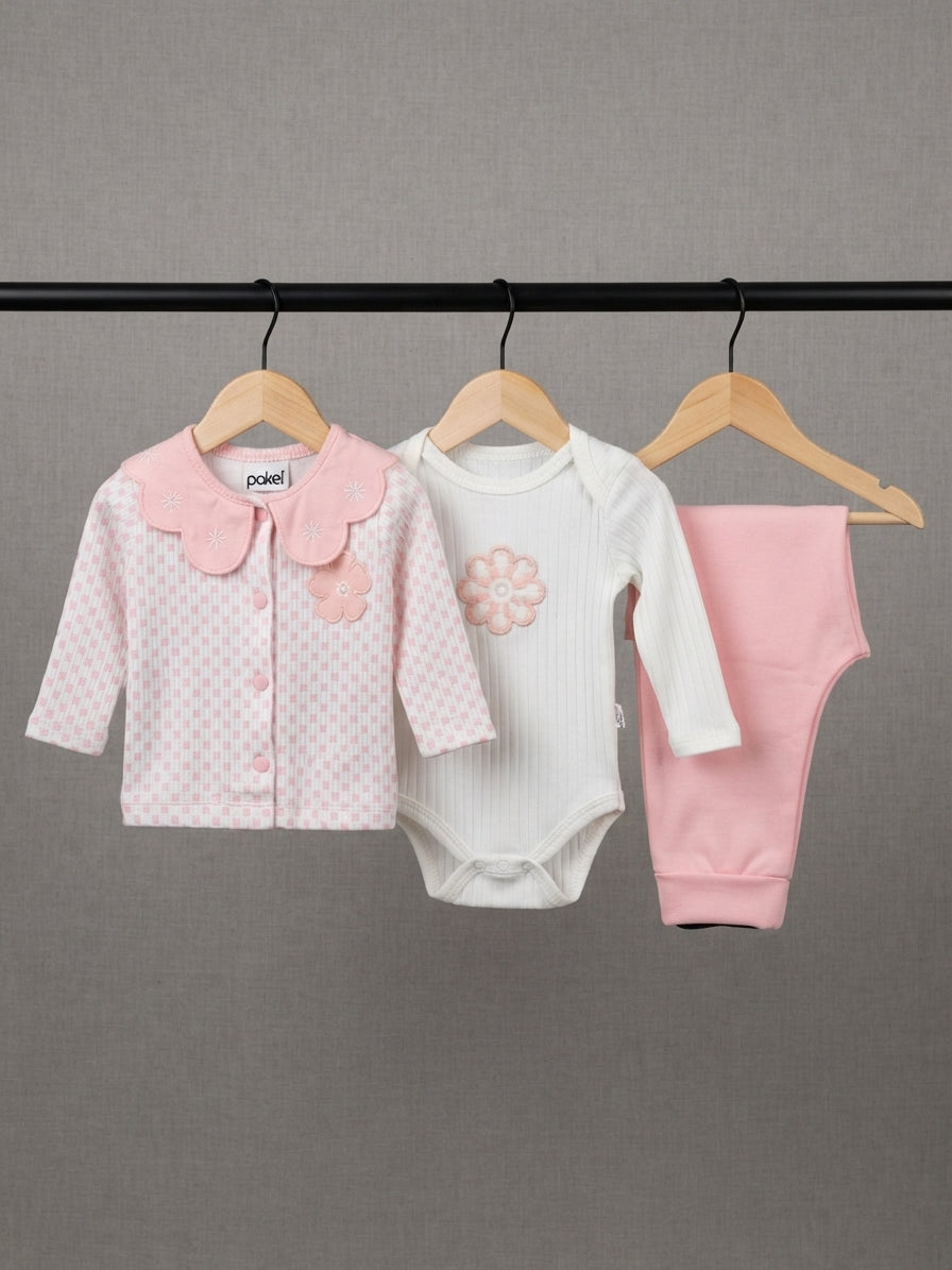 Baby Floral Print Cardigan Body And Pants Set With Scalloped Collar