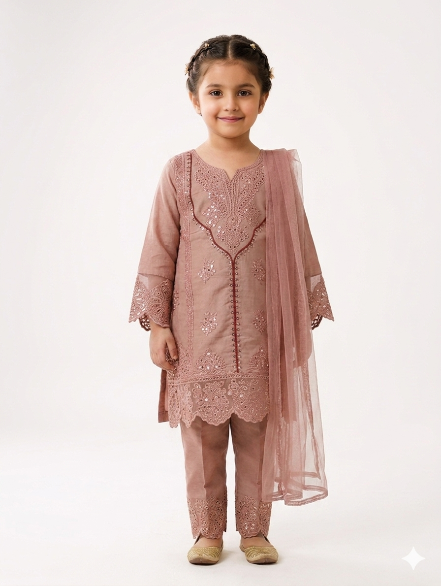 Elegant Embroidered Kids Salwar Kameez Set with Matching Dupatta and Trousers for Festive Celebrations