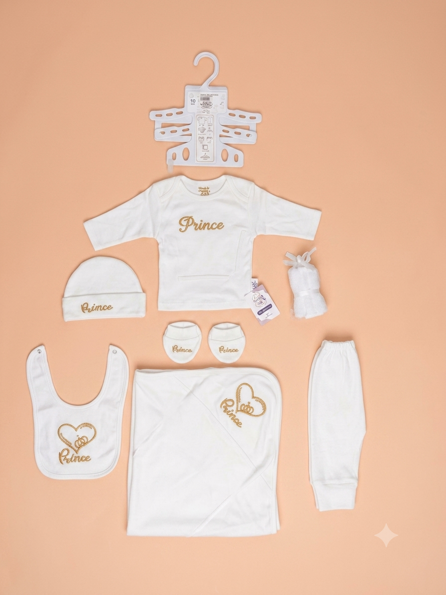 Premium White Prince Embroidery 10 Pieces Baby Gift Set Complete Clothing Collection for Newborn Boys Infants