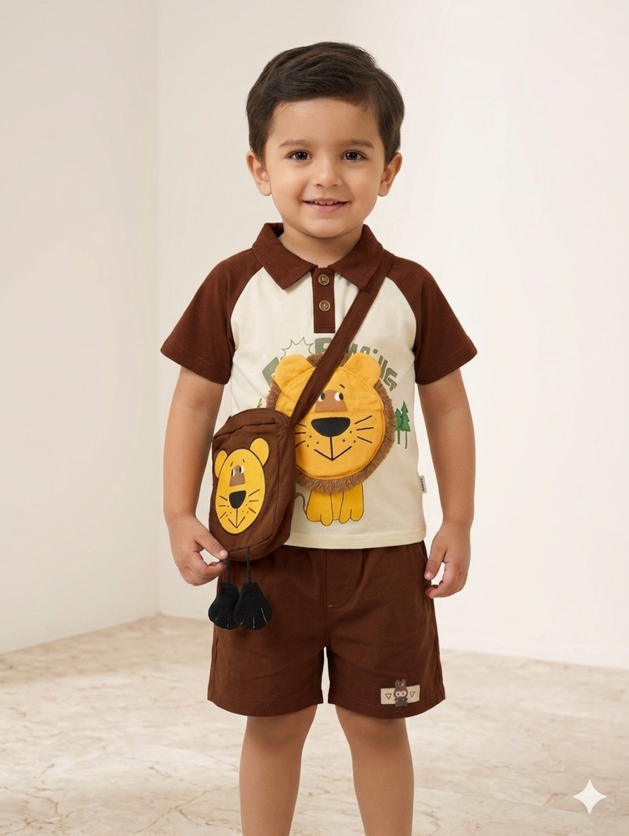 Toddler Boys' Lion Graphic Polo Shirt and Shorts Set with Matching Crossbody Animal Bag