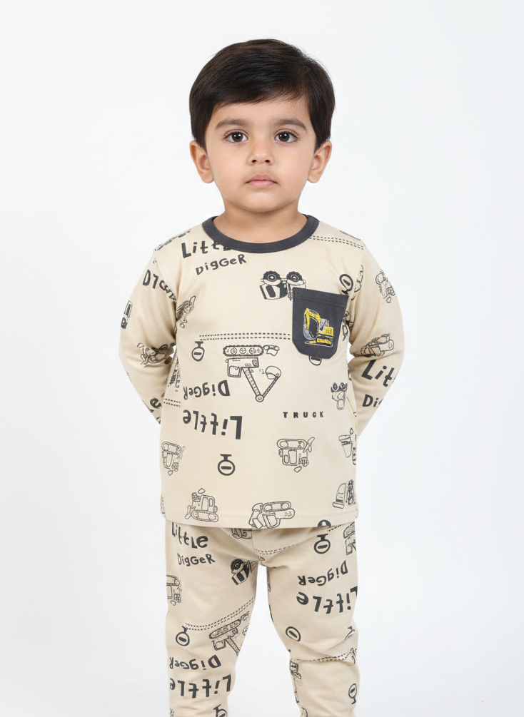 China Imported Kids Night Suit – Little Diggers & Crane Character Pairing Set | Soft Cotton Nightwear
