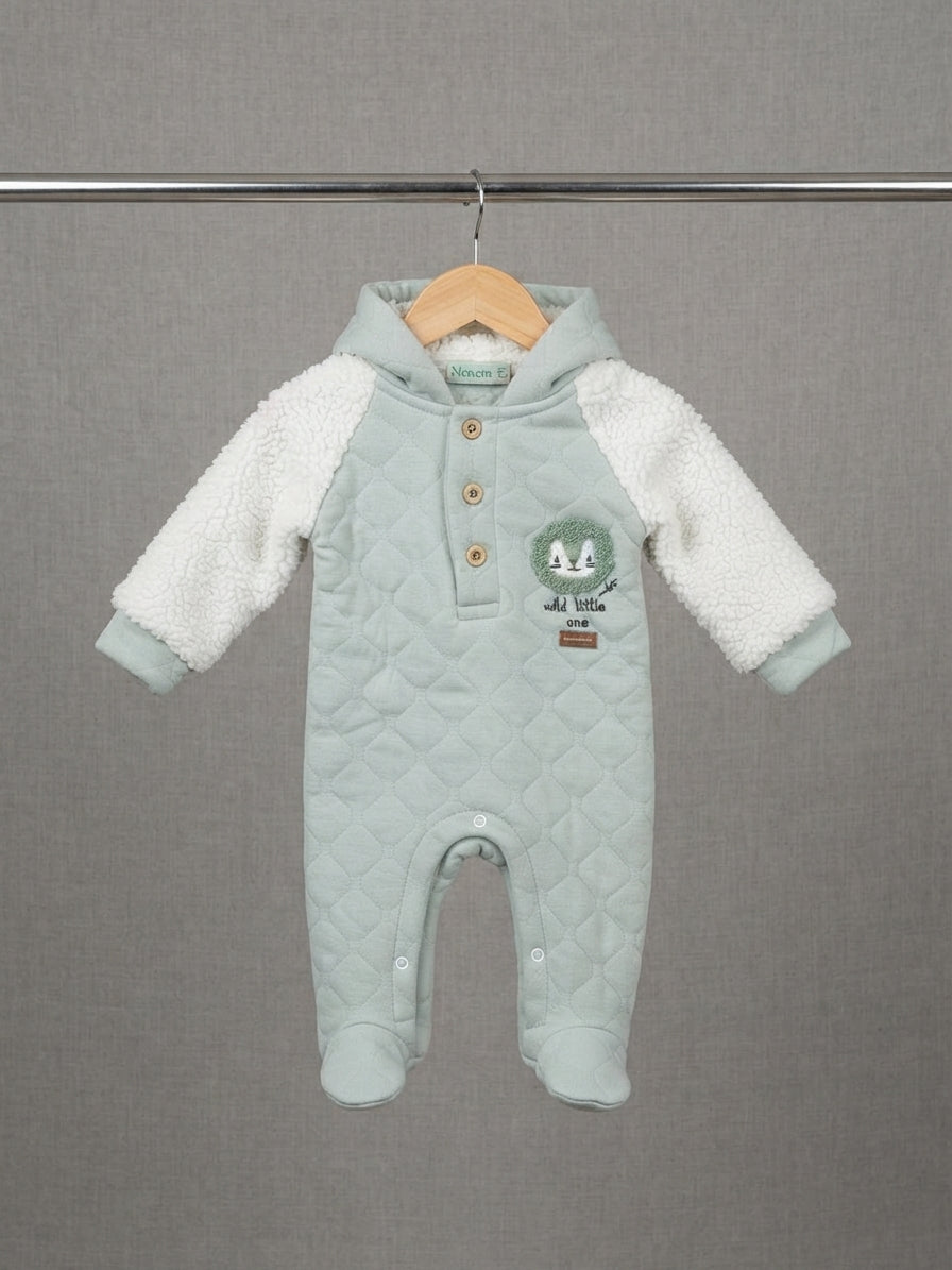 Baby Hooded Quilted Romper With Fluffy Sherpa Sleeves And Button Placket
