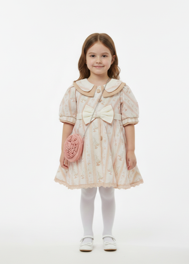 Girls' Vintage Floral Tea Party Dress with Peter Pan Collar and Matching Rose Purse