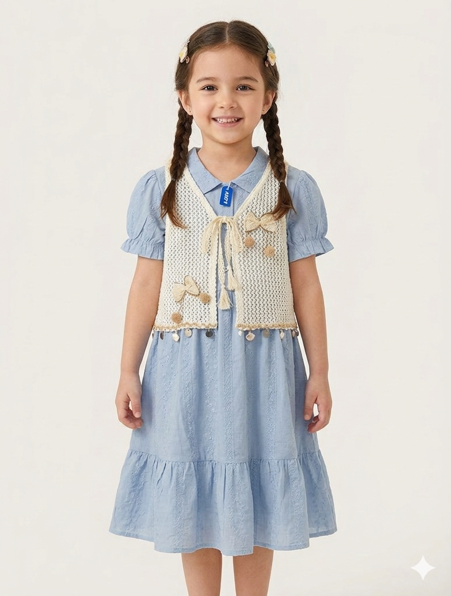 Girls Boho-Chic Tiered Eyelet Dress with Tassel Detail Crochet Vest Two-Piece Set