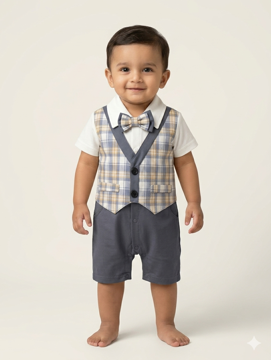 Baby Boys Formal Gentlemen Romper Suit Featuring Plaid Vest Bow Tie and Snap Button Closures