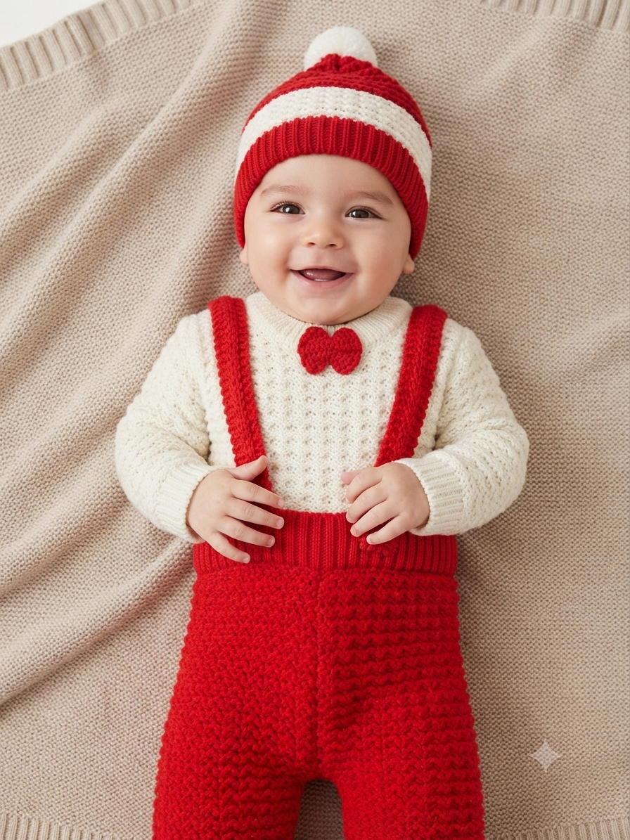 Cute baby knitwear outfit set with long-sleeve sweater, overalls, and matching beanie hat.