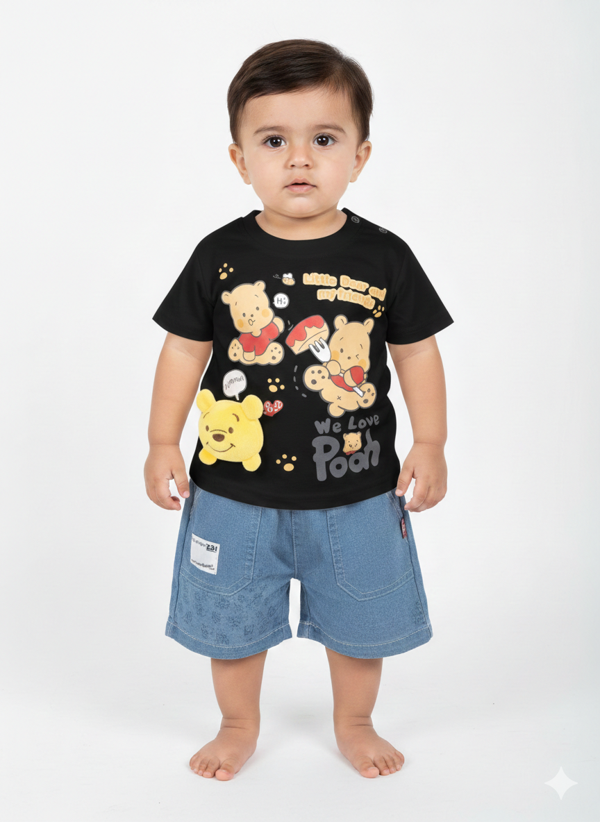 Boys' "We Love Pooh" 3D Plush Character Tee and Denim Shorts Summer Outfit Set
