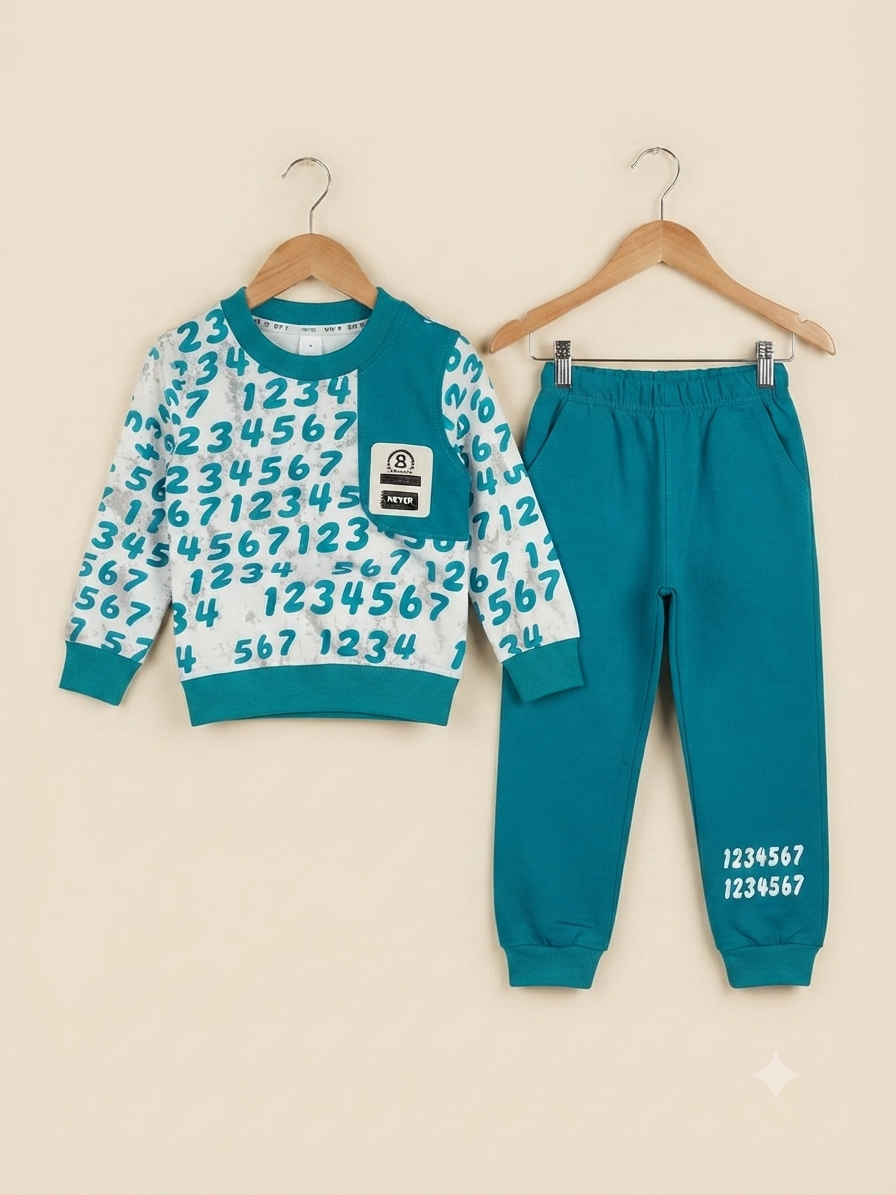 Stylish Number Print Kids Fleece Tracksuit Sweatshirt And Joggers Winter Outfit Set