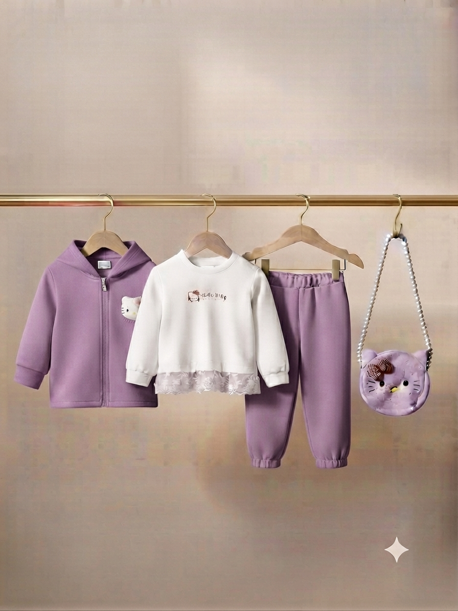 Cute Girls  4 Piece Winter Outfit Set Hoodie Sweatshirt Full Trousers And Bag