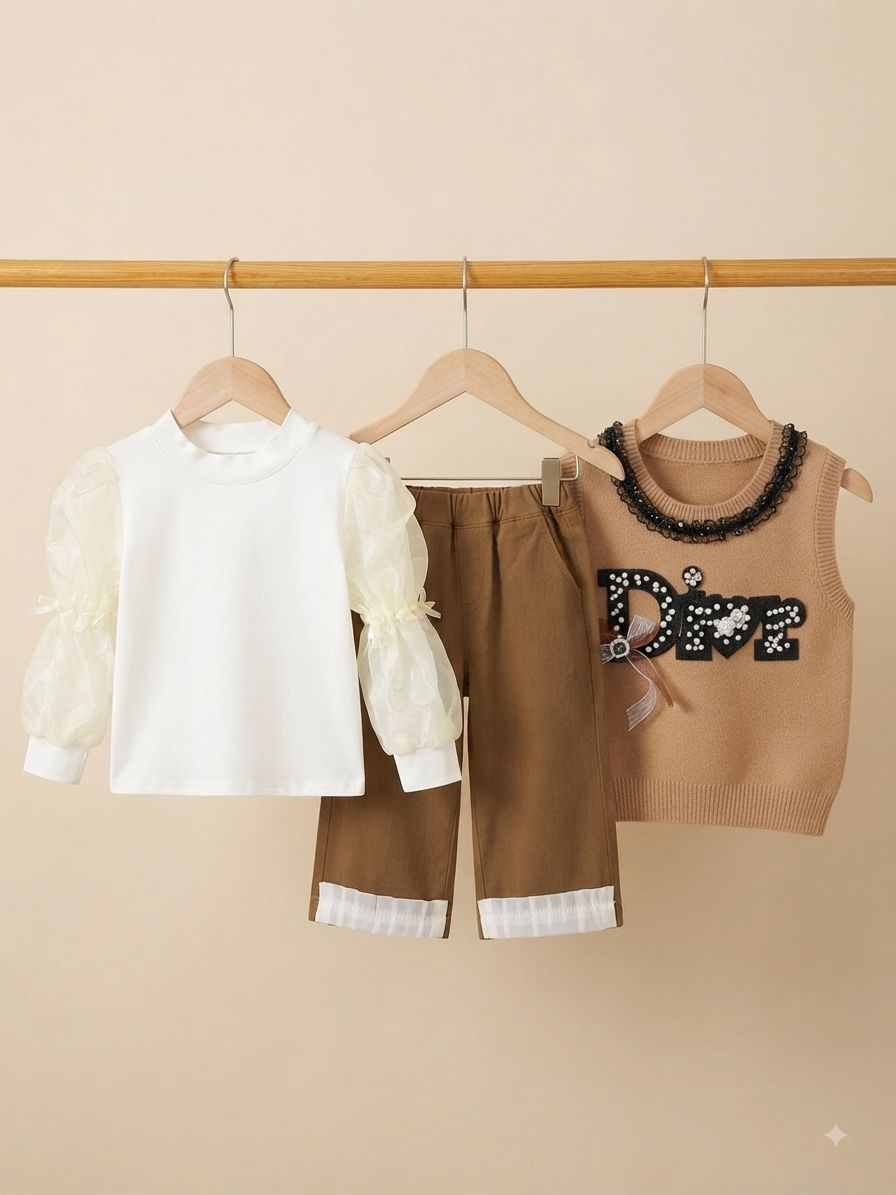 Stylish 3-Piece Girls Outfit Set Featuring Knit Sweater Vest, Sheer Sleeve Shirt, and Trousers