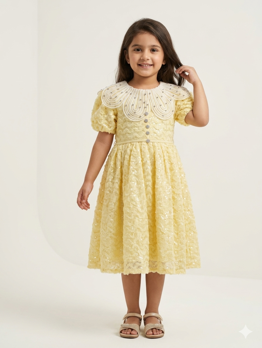Elegant Girls Sequin Lace Party Dress with Pearl Peter Pan Collar and Puff Sleeves