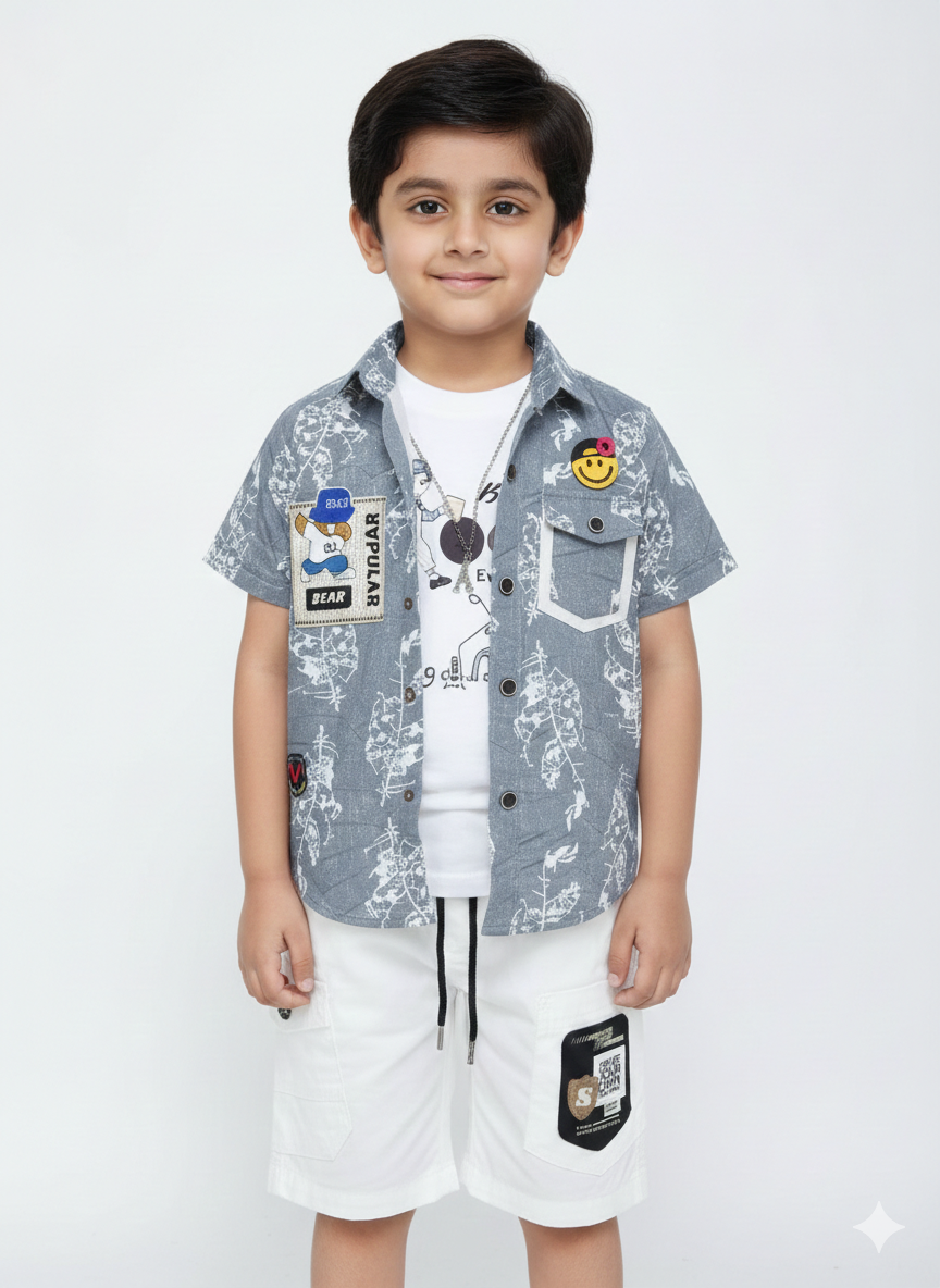 Boys' Urban Adventure Brown and White Three-Piece Cargo Set with Playful Patchwork Details