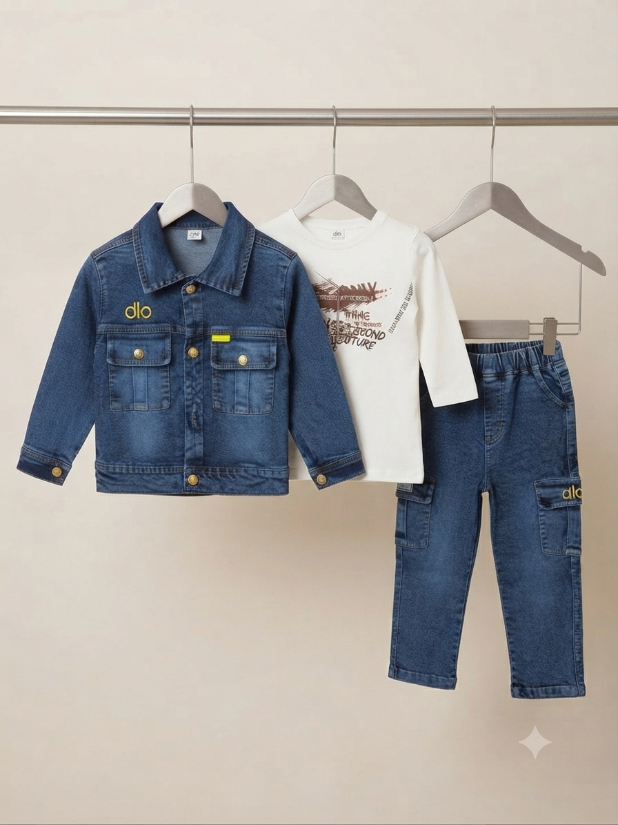 Kids Stylish 3-Piece Denim Outfit Set With Printed Shirt Jacket And Cargo Pants