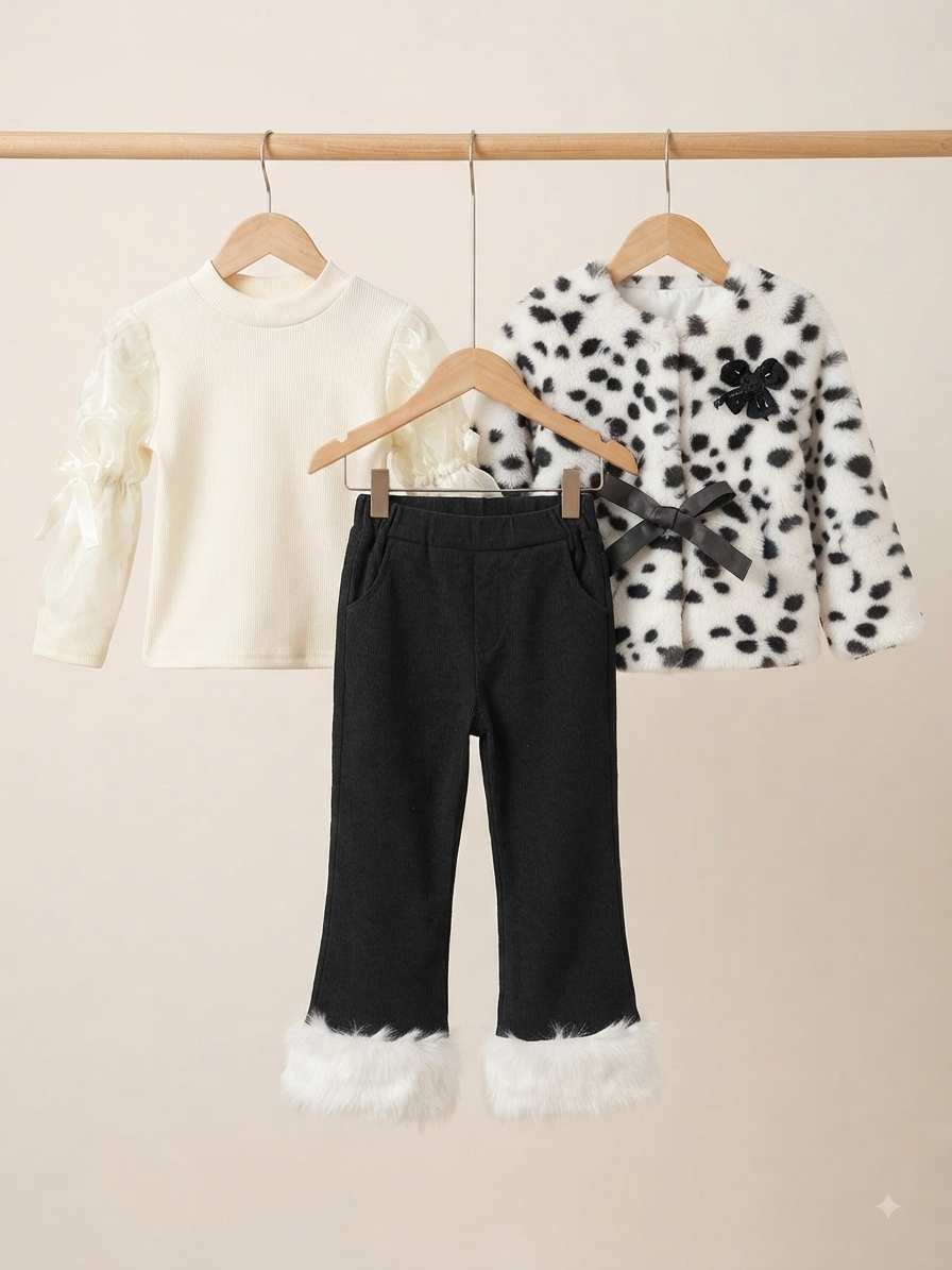 Three Piece Kids Outfit With Sheer Sleeve Top Vest And Ruffle Trousers